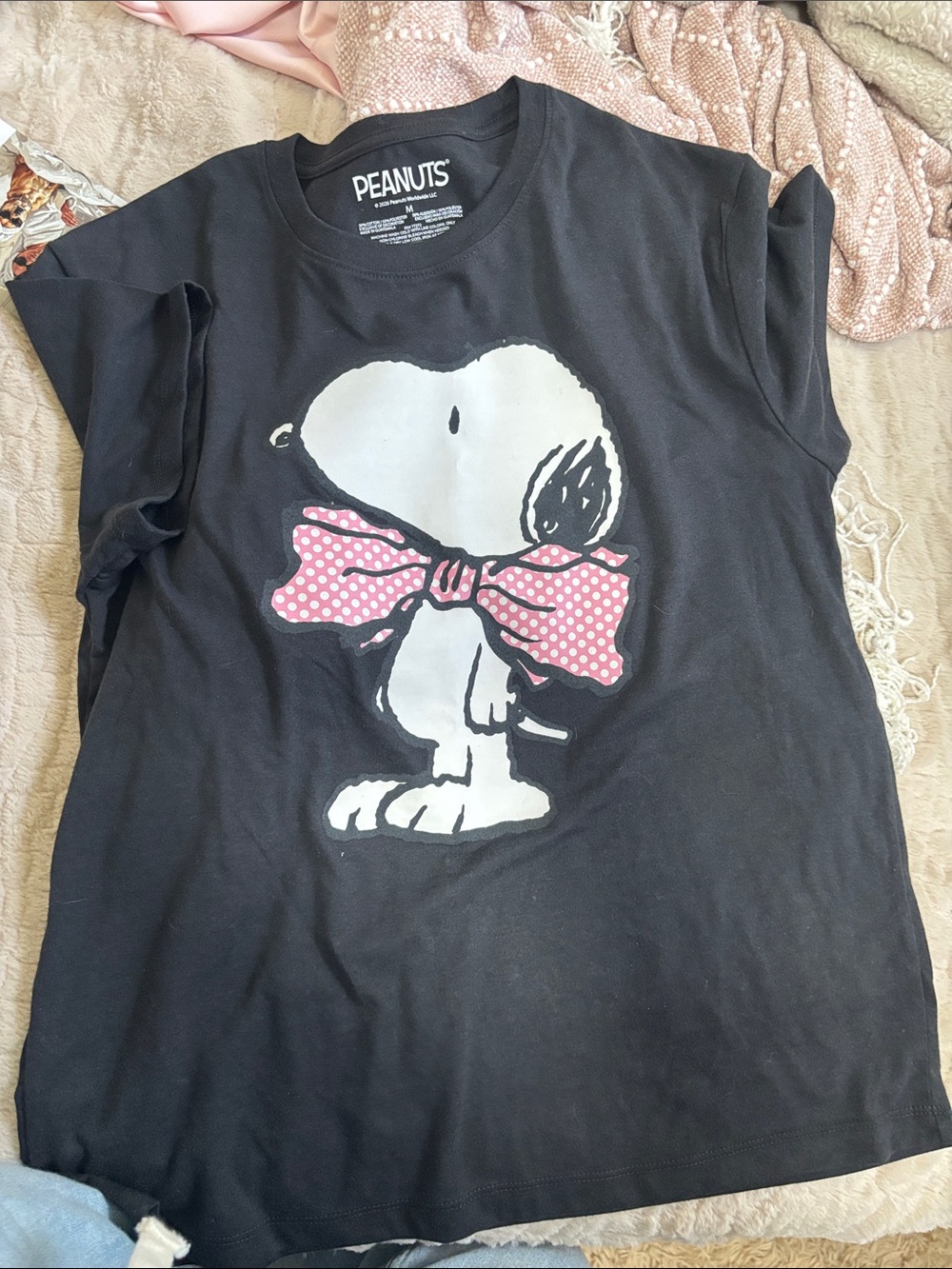 Target Black Peanuts Snoopy Tee with Pink Bow